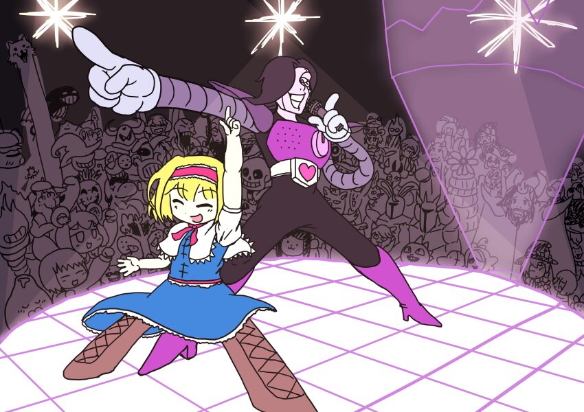 2others 6+boys 6+girls aaron_(undertale) absurdres alice_margatroid annoying_dog arayarmt asgore_dreemurr audience black_hair blonde_hair blue_dress bow bowtie brown_footwear burgerpants capelet chara_(undertale) character_request closed_eyes commentary cookie_(touhou) cross-laced_footwear crossover crowd dance_floor dancing dog dogamy dogaressa dress english_commentary fake_hisui_(cookie) fist_pump frisk_(undertale) frog froggit full_body gloves grillby grin hairband hakurei_reimu hat highres holding holding_microphone ichigo_(cookie) kirisame_marisa kofji_(cookie) maru_(cookie) meguru_(cookie) mettaton microphone monster_kid_(undertale) multiple_boys multiple_girls multiple_others nazrin nyon_(cookie) open_mouth papyrus_(undertale) pink_bow pink_bowtie pink_hairband pink_sash pointing pointing_up reisen_udongein_inaba royal_guard_01_(undertale) royal_guard_02_(undertale) sakenomi_(cookie) sans_(undertale) sash shirt short_hair sleeveless sleeveless_dress smile spotlight suzu_(cookie) temmie toriel touhou undertale undyne vegetoid vulkin white_capelet white_gloves white_shirt witch_hat yuuhi_(cookie)