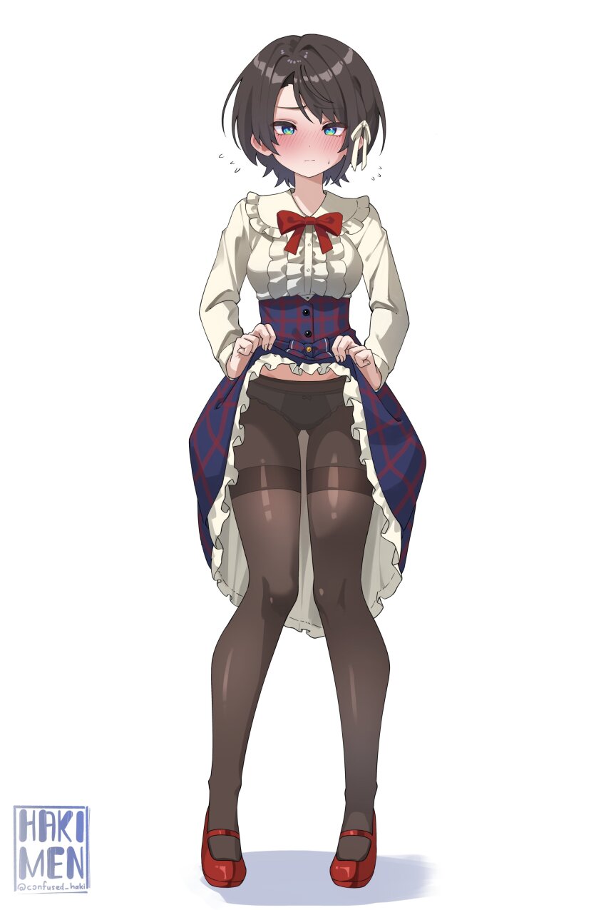 1girl absurdres artist_logo black_hair black_pantyhose blue_eyes blue_skirt blush bow bowtie breasts center_frills closed_mouth clothes_lift commentary english_commentary flying_sweatdrops frilled_shirt frilled_shirt_collar frills full_body hair_ribbon hakimen high-waist_skirt highres hololive logo medium_breasts official_alternate_costume oozora_subaru oozora_subaru_(casual) panties panties_under_pantyhose pantyhose plaid_clothes plaid_skirt red_bow red_bowtie red_shoes ribbon shirt shoes short_hair simple_background skirt skirt_lift solo swept_bangs thighband_pantyhose underwear virtual_youtuber white_background white_panties white_ribbon white_shirt