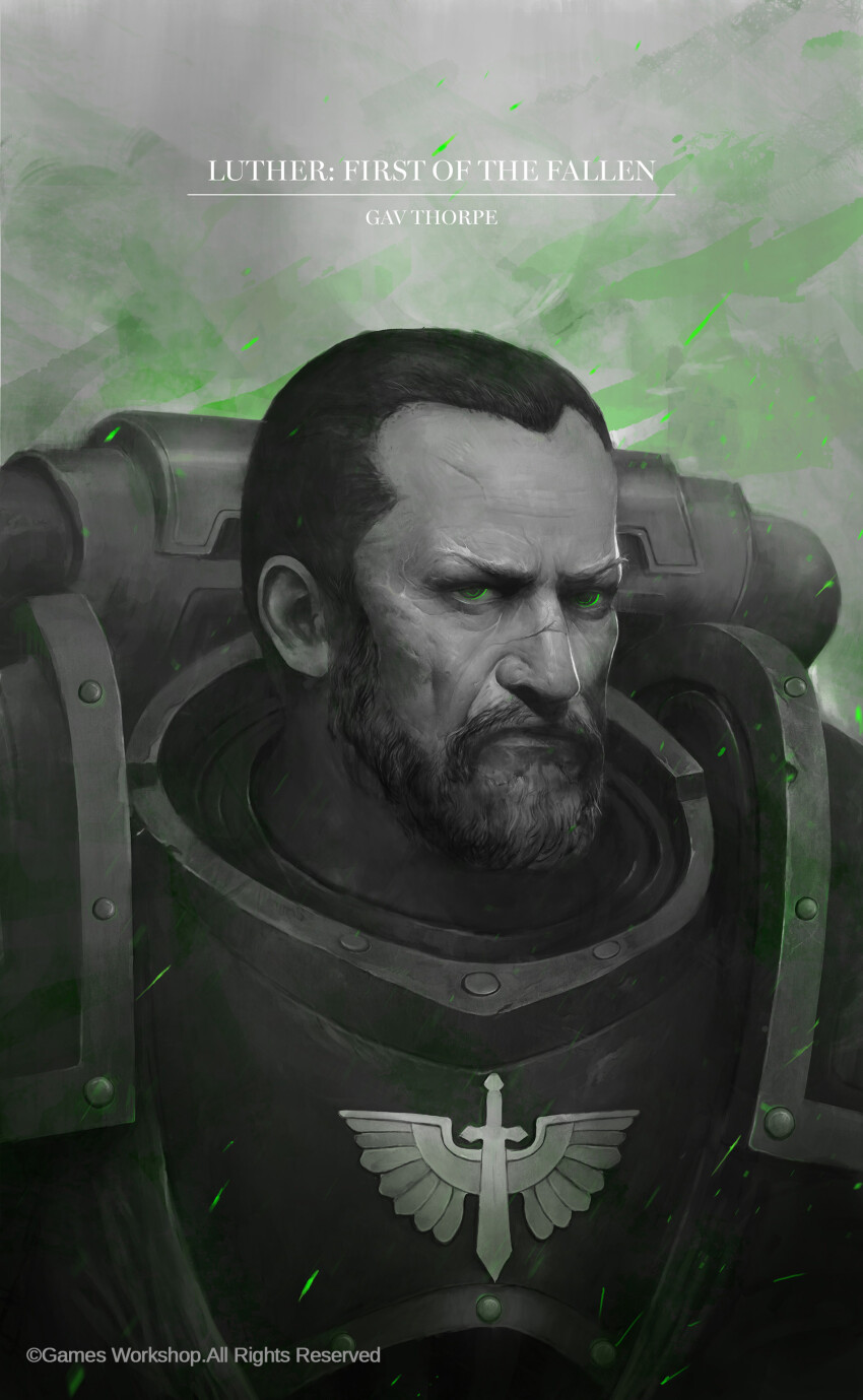 1boy absurdres armor beard black_hair breastplate closed_mouth company_name copyright_logo copyright_notice cover cover_page dark_angels facial_hair gorget green_eyes greyscale highres insignia leszek_wozniak looking_at_viewer luther_(warhammer_40k) monochrome pauldrons scar scar_on_face scar_on_forehead scar_on_nose short_hair shoulder_armor sparks title title_page warhammer_40k widow&#039;s_peak