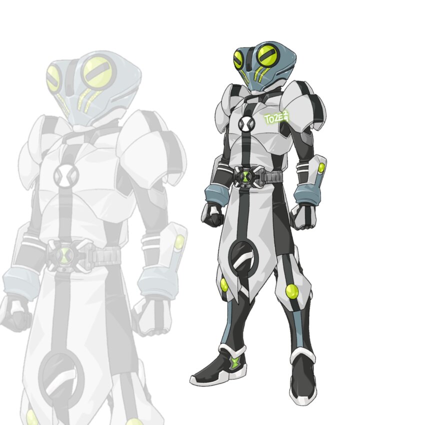1boy alien armor artist_name belt ben_10 ben_10:_alien_force ben_10:_omniverse ben_10:_ultimate_alien ben_tennyson bodysuit compound_eyes rider_belt full_body gloves gray_matter green_eyes green_light green_pupils highres humanization kamen_rider omnitrix rider_belt solo standing to_ze tokusatsu