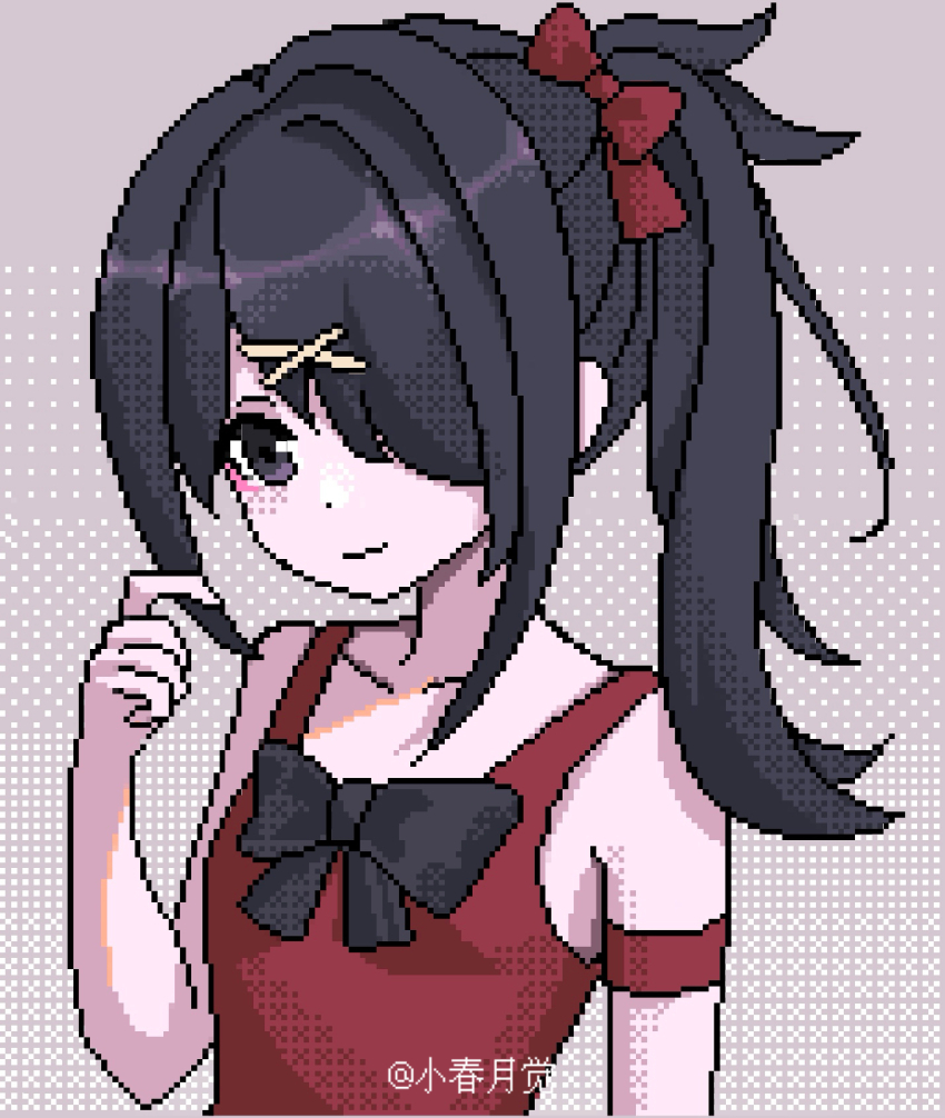 1girl ame-chan_(needy_girl_overdose) black_eyes black_hair bow chest_bow china_dress chinese_clothes dress hair_bow hair_ornament hair_over_one_eye hand_up high_ponytail highres index_finger_raised koharustuki looking_at_viewer needy_girl_overdose pixel_art ponytail red_dress sidelocks solo upper_body x_hair_ornament