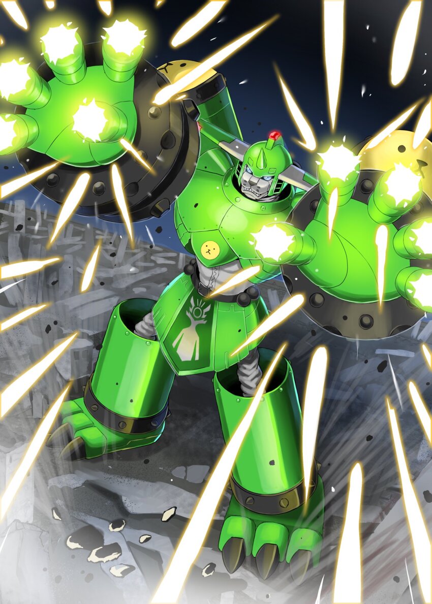 1boy armor clenched_teeth digimon digimon_(creature) finger_cannon firing full_body green_armor highres male_focus mecha robot saintgalgomon sharp_teeth solo standing teeth yamamoto_zetta