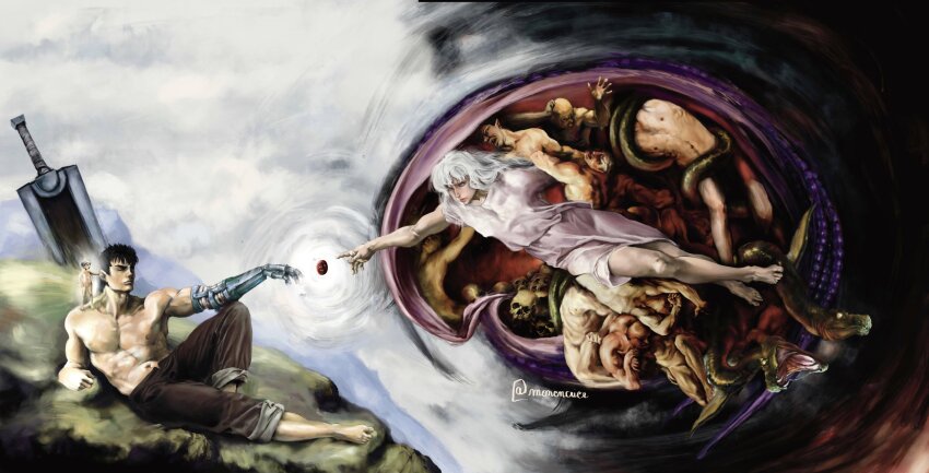 3boys abs absurdres bald barefoot behelit berserk black_hair blue_eyes blue_hair blue_sky brown_pants closed_mouth commentary dragonslayer_(sword) english_commentary fairy fairy_wings fangs fine_art_parody griffith_(berserk) guts_(berserk) hand_on_own_hip highres long_hair looking_at_another lying male_focus monencrier multiple_boys muscular muscular_male nipples one_eye_closed open_mouth outdoors outstretched_arm outstretched_hand pants parody planted planted_sword planted_weapon pointing pointy_ears prosthesis prosthetic_arm puck_(berserk) reaching short_hair skull sky snake spiked_hair standing standing_on_shoulder sword teeth the_creation_of_adam topless_female topless_male watermark wavy_hair weapon white_hair wings