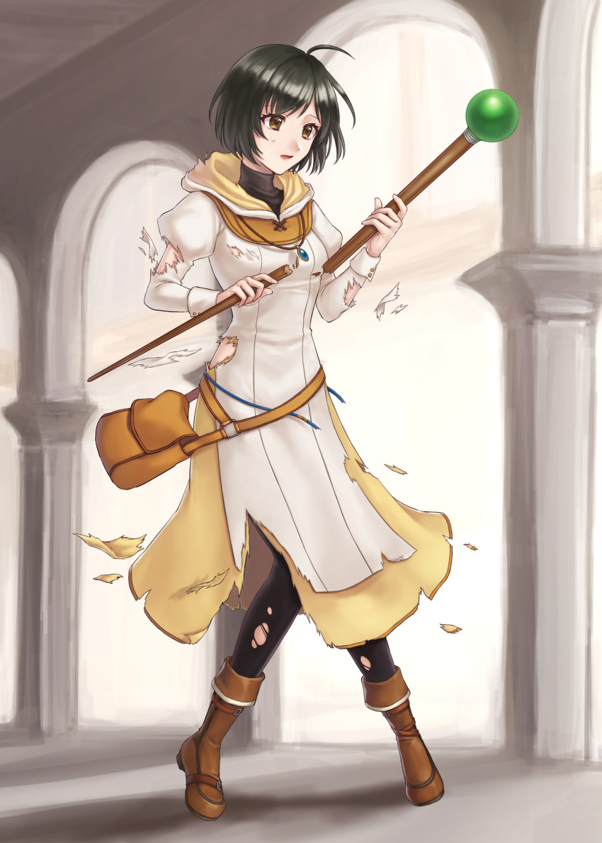 1girl absurdres black_hair boots breasts broken broken_weapon brown_eyes commission crying crying_with_eyes_open defeat dress fire_emblem fire_emblem:_radiant_dawn full_body hazuki_(nyorosuke) highres holding holding_weapon indoors laura_(fire_emblem) medium_breasts nintendo open_mouth pantyhose short_hair skeb_commission staff tearing_up tears torn_clothes torn_dress torn_legwear weapon