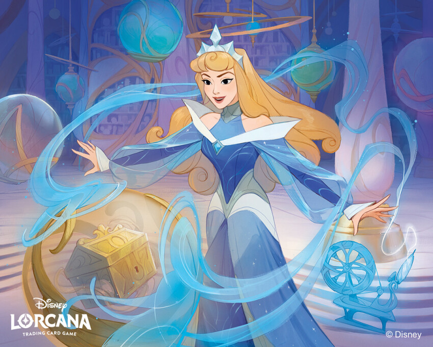 1girl amandine_girard aurora_(disney) bare_shoulders blonde_hair blue_dress copyright_name disney_lorcana dress english_text indoors long_hair official_art open_mouth puffy_sleeves see-through_clothes see-through_sleeves signature sleeping_beauty_(disney) solo spinning_wheel tiara treasure_chest