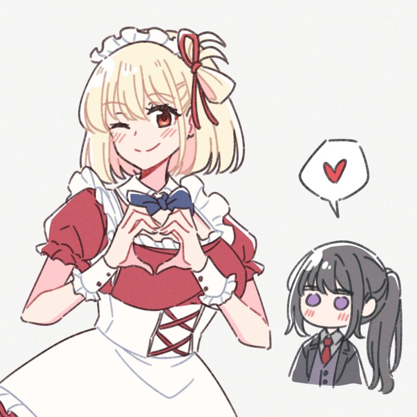 2girls akamirai black_hair blonde_hair blush cross-laced_clothes cross-laced_dress dress formal_clothes hair_ribbon heart heart_hands highres inoue_takina long_hair lovestruck lycoris_recoil maid maid_headdress multiple_girls necktie nishikigi_chisato one_eye_closed purple_eyes red_dress red_eyes red_necktie red_ribbon ribbon short_hair smile spoken_heart suit yuri