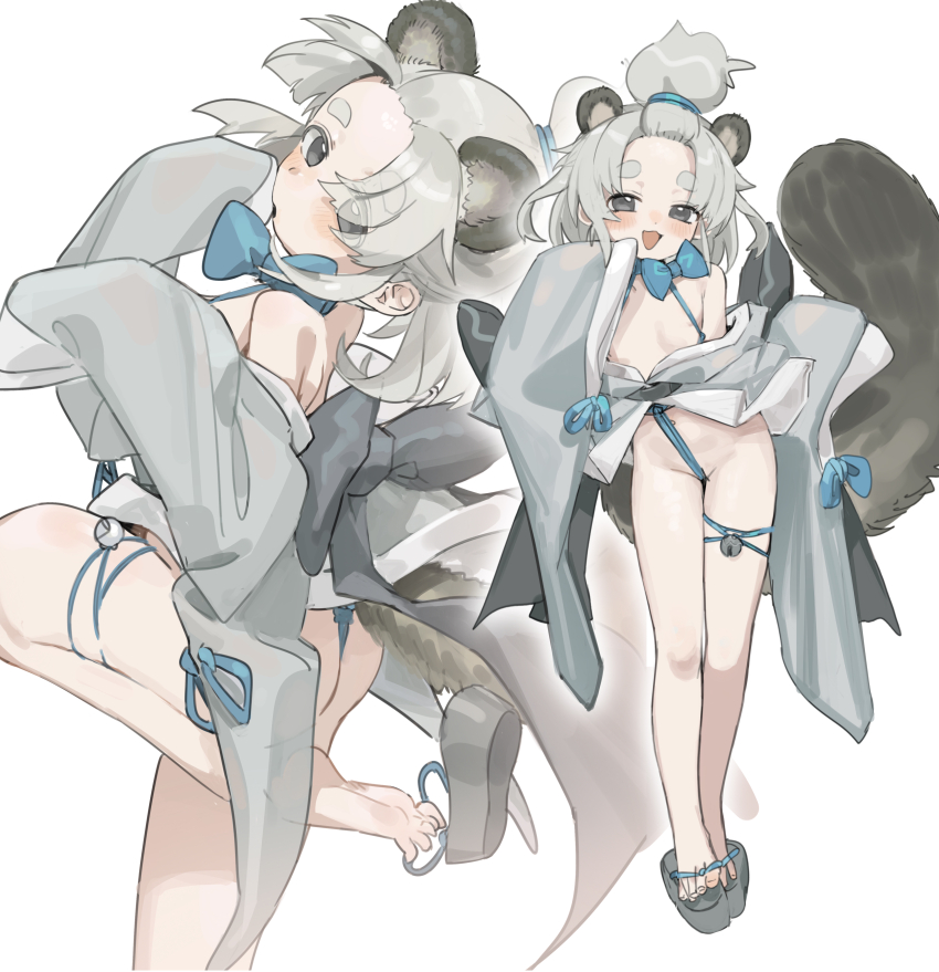 1girl absurdres animal_ears bare_shoulders bdsm bell blush bound flat_chest full_body grey_eyes grey_hair high_ponytail highres japanese_clothes kimono long_sleeves medium_hair multiple_views nemo_(leafnight) okobo open_mouth original platform_sandals ponytail revealing_clothes rope sandals short_eyebrows simple_background sleeves_past_fingers sleeves_past_wrists smile straight-on tail thick_eyebrows thigh_strap white_background wide_sleeves