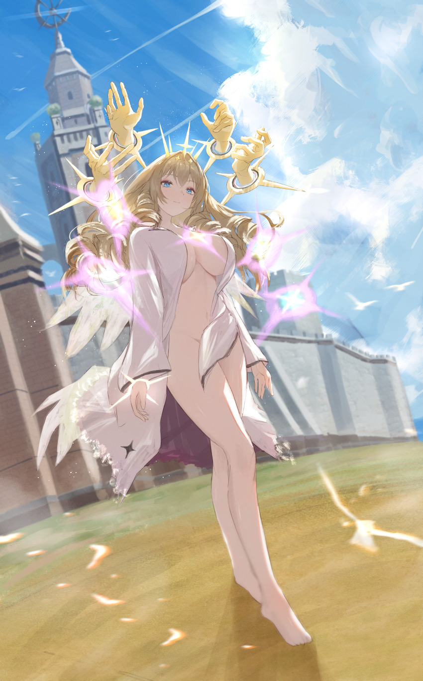 1girl absurdres barefoot blonde_hair blue_eyes blue_sky breasts castle cloud commentary crown_(naked_king)_(nikke) crown_(nikke) drill_hair extra_hands feet goddess_of_victory:_nikke highres large_breasts naked_shirt navel official_alternate_costume outdoors shirt sky solo soondi stomach toes white_shirt