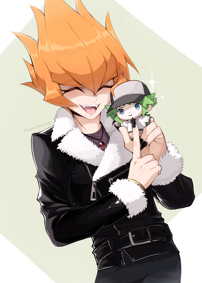 2boys black_coat black_hat blue_eyes brown_background character_doll chibi chibi_inset closed_eyes coat crossover doll facing_to_the_side fur-trimmed_coat fur-trimmed_sleeves fur_trim green_hair grey_pants hair_slicked_back hand_on_another&#039;s_chin happy hat highres holding holding_doll jewelry male_focus multiple_boys n_(pokemon) nail_polish necklace nintendo nuumigranate open_mouth orange_hair pants pointing pokemon pokemon_bw purple_shirt shirt spiked_hair vector_(yu-gi-oh!) white_shirt yu-gi-oh! yu-gi-oh!_zexal