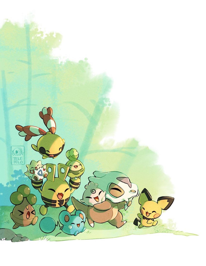 :d azurill bone bonsly budew chingling closed_eyes commentary_request creatures_(company) cubone fangs game_freak gen_1_pokemon gen_2_pokemon gen_3_pokemon gen_4_pokemon happy highres holding holding_bone igglybuff nintendo no_humans open_mouth outdoors pichu pokemon pokemon_(creature) running skull smile teletelo togepi tree watermark
