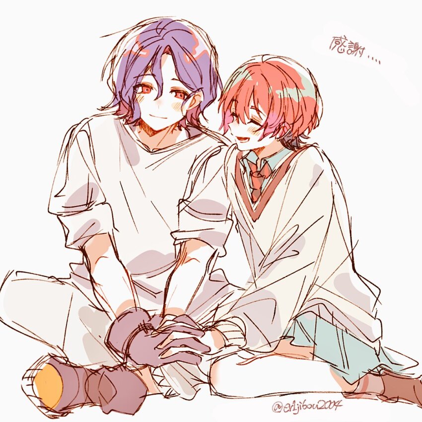 1boy 1girl amate_yuzuriha aqua_shirt aqua_skirt artist_name blue_hair blush closed_mouth collared_shirt colored_inner_hair commentary_request couple crossed_legs er1ji6ou2004 gloves gundam gundam_gquuuuuux hetero holding holding_hands long_sleeves multicolored_hair necktie open_mouth purple_hair red_eyes red_hair school_uniform shirt short_hair shuji_ito simple_background skirt smile sweater tank_top twitter_username two-tone_hair white_background white_shirt