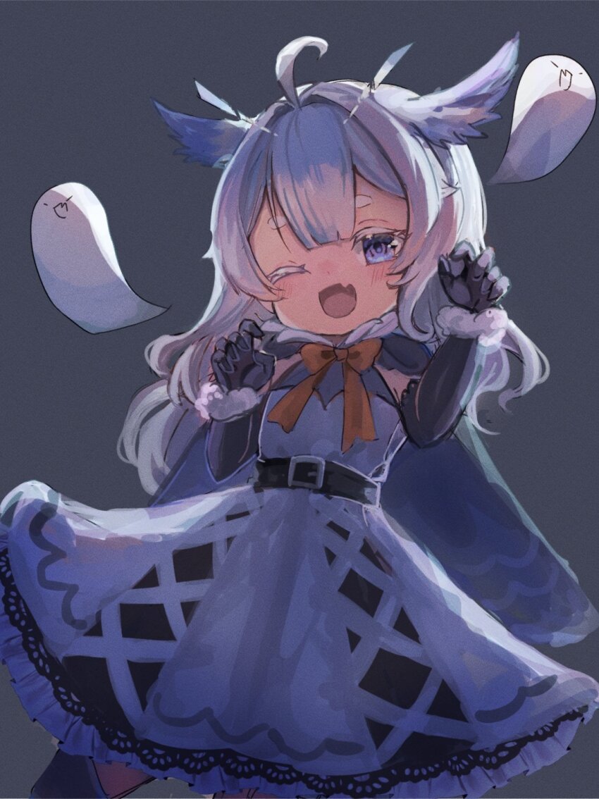 ahoge belt bow cape commission dress elbow_gloves frilled_dress frills gao ghost gloves grey_background halloween highres hikimayu indie_virtual_youtuber mikazuki_silvi one_eye_closed open_mouth owl_ears owl_girl ribbon skeb_commission virtual_youtuber white_hair wss_(nicoseiga19993411)