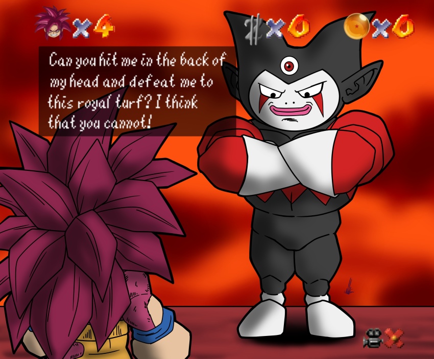 2boys absurdres black_bodysuit body_fur bodysuit boss_fight crossed_arms dialogue_box dragon_ball dragon_ball_daima english_text facing_another fiery_background fire from_behind gameplay_mechanics gloves gomah_(dragon_ball) heads-up_display highres long_hair low_poly mario_(series) monkey_tail multiple_boys muscular muscular_male nintendo orange_pants pants parody pink_lips pointy_ears red_bodysuit red_eyes red_fur red_hair shoes size_difference son_goku spiked_hair super_mario_64 super_saiyan super_saiyan_4 tail third_eye two-tone_bodysuit un_koshin1402 user_interface white_gloves white_shoes wristband
