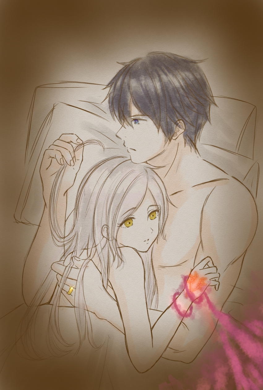 1boy 1girl armpits artist_request bed_sheet blue_eyes blue_hair brown_eyes chrom_(fire_emblem) clenched_hand collarbone couple energy eyelashes female_robin_(fire_emblem) fingernails fire_emblem fire_emblem_awakening fire_emblem_heroes from_behind grabbing_another&#039;s_hair hair_between_eyes hair_down hand_up highres hug implied_nudity indoors intelligent_systems jewelry long_hair looking_to_the_side matching_hair/eyes neck nintendo on_bed parted_bangs pectorals pillow profile ring sad serious short_hair sidelocks tattoo_on_hand toned toned_male topless_female topless_male twintails unworn_clothes upper_body wedding_ring white_hair