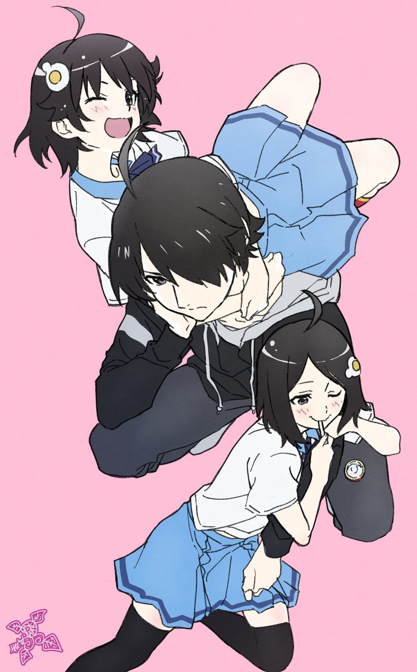 1boy 2girls absurdres ahoge araragi_karen araragi_koyomi araragi_tsukihi arm_grab black_eyes black_vest blue_skirt blush egg egg_hair_ornament food-themed_hair_ornament grabbing_from_behind grey_pants hair_ornament hair_over_one_eye hairclip hand_on_own_cheek hand_on_own_face highres makicha_(sasurainopink) medium_hair monogatari_(series) multiple_girls nisemonogatari one_eye_closed open_mouth pants pink_background school_uniform short_hair short_sleeves simple_background skirt squatting thighhighs tsuganoki_second_junior_high_school_uniform vest zettai_ryouiki