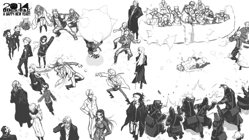 badou_nails dogs:_bullets_&amp;_carnage fuyumine_naoto giovanni giovanni_(dogs) greyscale haine_rammsteiner highres kiri_(character) luki magato mihai_mihaeroff mimi_(dogs) miwa_shirow monochrome multiple_boys multiple_girls nill noki snow snowball snowball_fight