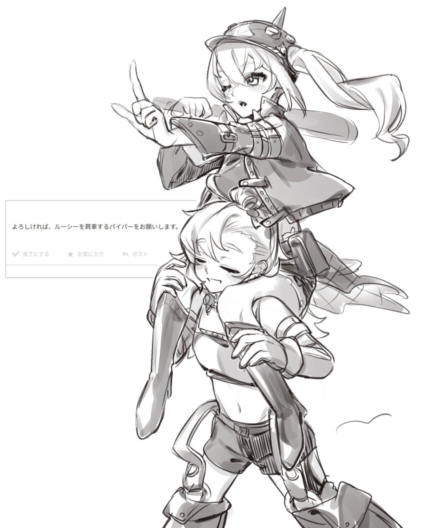 2girls bare_shoulders baseball_bat black_helmet black_jacket blush boots carrying closed_eyes combat_helmet commentary_request cowboy_shot crop_top detached_pants detached_sleeves earrings gloves goggles goggles_around_neck greyscale hair_between_eyes helmet highres holding holding_baseball_bat jacket jewelry long_hair luciana_de_montefio metal_baseball_bat micro_shorts midriff monochrome motion_lines multiple_girls navel one_eye_closed open_mouth over_shoulder pickelhaube piper_wheel pointing shorts shoulder_carry side_ponytail simple_background vvo_uvv weapon weapon_over_shoulder white_background zenless_zone_zero