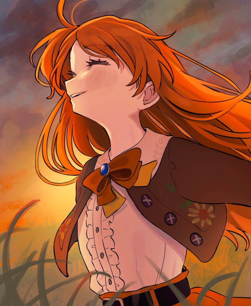 1girl belt black_belt blue_gemstone blush bow bowtie breasts brown_jacket buttons center_frills closed_eyes cloud cloudy_sky commentary_request cropped_jacket facing_ahead floating_hair floral_print frills gem grass highres idolmaster idolmaster_million_live! idolmaster_million_live!_theater_days jacket long_hair ogami_tamaki one_side_up orange_bow orange_bowtie orange_hair orange_skirt outdoors outstretched_arms painterly parted_bangs parted_lips ribbon shirt shirt_tucked_in skirt sky small_breasts smile solo sunflower_print sunset tall_grass tanupon tearing_up teeth thick_eyelashes upper_body upper_teeth_only white_shirt yellow_ribbon