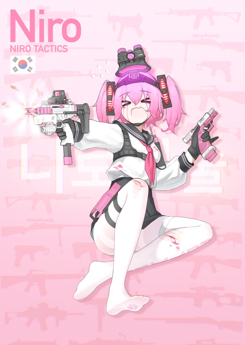 &gt;_&lt; 1girl absurdres black_gloves blood blood_on_leg blue_sailor_collar breasts chest_harness closed_eyes cuts dirty dirty_clothes dual_wielding eotech fang feet finger_on_trigger firing flashlight full_body glock gloves gun handgun harness highres holding holding_gun holding_weapon holster injury jerry_wang load_bearing_equipment magazine_(weapon) neckerchief night_vision_device no_shoes open_mouth optical_sight original pantyhose paw_print_soles pink_hair pink_neckerchief pleated_skirt sailor sailor_collar school_uniform serafuku sitting skin_fang skirt small_breasts south_korean_flag submachine_gun tactical_clothes thigh_holster thigh_strap thighhighs torn_clothes twintails uzi uzi_pro walkie-talkie weapon white_pantyhose white_thighhighs zettai_ryouiki