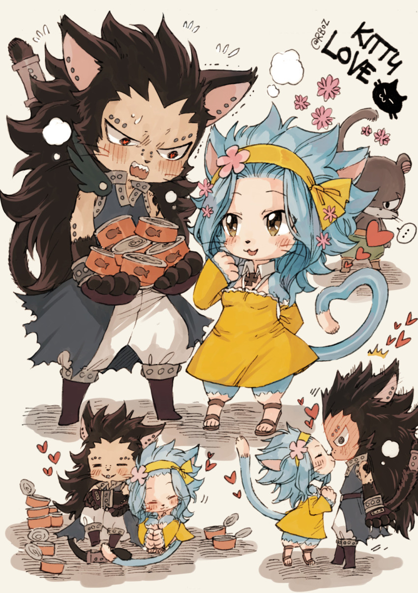 1boy 1girl black_hair blue_hair blush boots cat_boy cat_girl closed_eyes dress fairy_tail flying_sweatdrops gajeel_redfox headband heart highres kiss levy_mcgarden long_hair medium_hair multiple_views pantherlily profile rusky tail twitter_username yellow_dress
