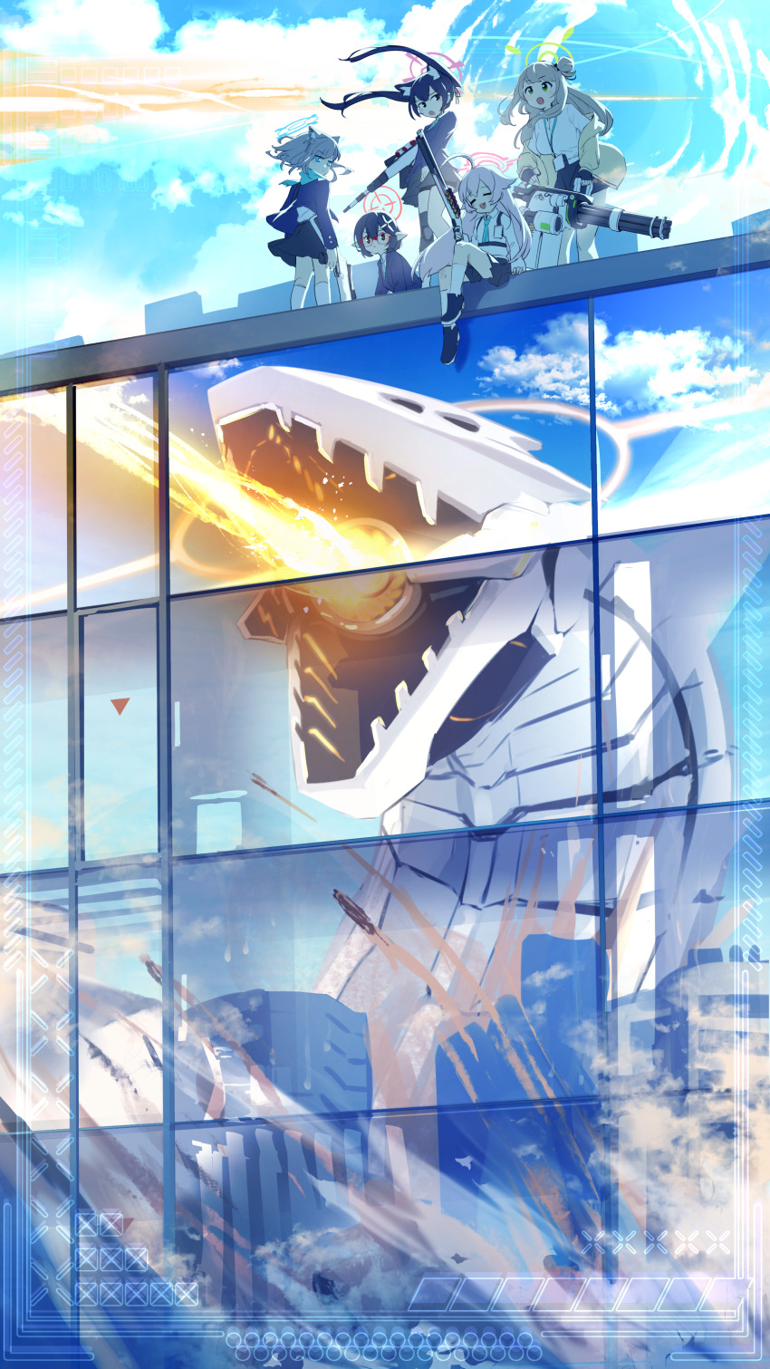 5girls absurdres ahoge animal_ears assault_rifle ayane_(blue_archive) beretta_ar70/90 binah_(blue_archive) black_hair blonde_hair blue_archive breasts building closed_eyes cloud day destruction glasses grey_hair gun hair_bun hair_ribbon halo highres holding holding_gun holding_weapon hoshino_(blue_archive) id_card jacket lanyard large_breasts long_hair machine_gun mecha multiple_girls non-humanoid_robot nonomi_(blue_archive) open_mouth outdoors pink_hair pointy_ears red-framed_eyewear reflection ribbon rifle robot robot_animal robot_dragon scarf school_uniform seigetsu_kotaku serika_(blue_archive) shiroko_(blue_archive) shirt short_hair sig_sauer_556 single_side_bun sitting skirt sky standing twintails weapon