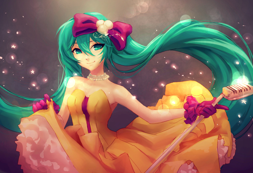 1girl absurdly_long_hair accessories bad_id bad_pixiv_id bare_shoulders bow breasts collarbone dress edwin-kun eyebrows eyelashes female_focus frills gloves green_eyes green_hair hair_bow hair_ornament hatsune_miku hatsune_miku_(siren) highres holding jewelry kochira_koufuku_anshin_iinkai_desu_(vocaloid) light_particles long_hair looking_at_viewer microphone microphone_stand nail_polish necklace skirt_hold smile solo twintails very_long_hair vocaloid