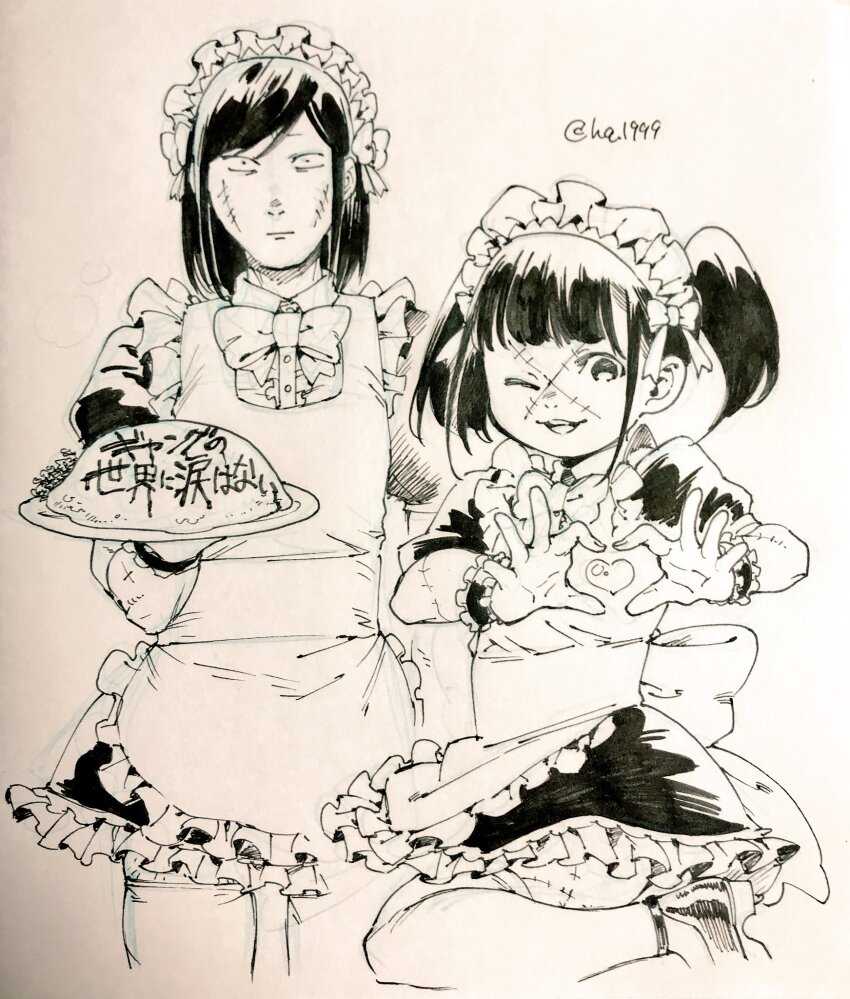 2boys alternate_costume apron artist_name batten-chan_(osomatsu-kun) bow bowtie cross_scar crossdressing dress enmaided facial_scar food frilled_apron frilled_dress frills heart heart_hands highres holding holding_plate leg_up maid maid_apron maid_headdress male_focus male_maid medium_hair multiple_boys omelet omurice osomatsu-kun osomatsu_(series) plate puffy_short_sleeves puffy_sleeves scar scar_on_cheek scar_on_face short_sleeves short_twintails tamago_toji tetsu_the_killer_(osomatsu-kun) traditional_media trap twintails white_apron