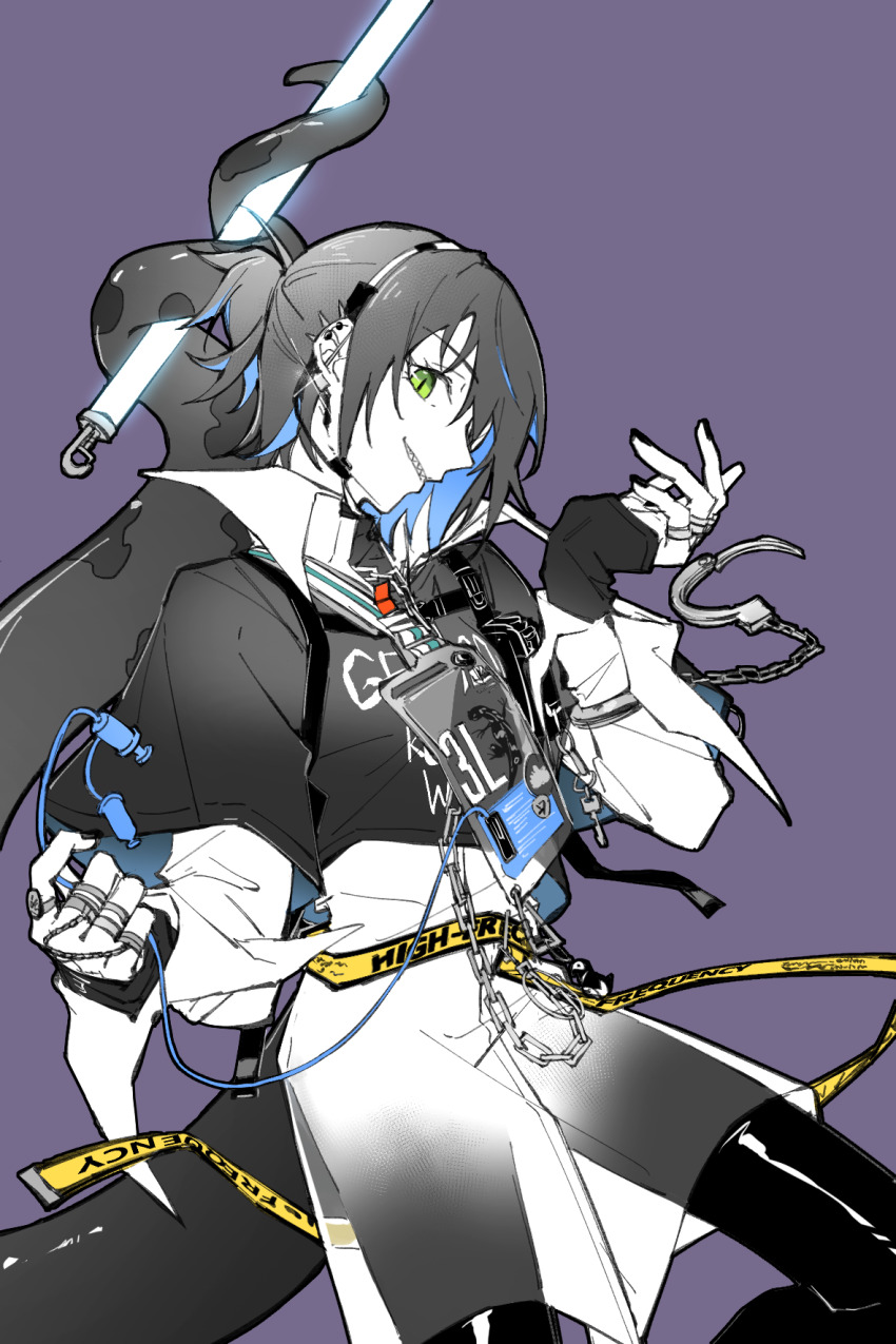 1girl arknights asbestos_(arknights) asbestos_(glen_sonata)_(arknights) blue_hair chain chinese_commentary colored_inner_hair commentary_request cuffs ear_piercing fingernails green_eyes highres holding holding_with_tail looking_at_viewer multicolored_hair official_alternate_costume pants partial_commentary partially_colored piaoliu_ping_ping_ping_pingzi piercing prehensile_tail profile purple_background short_hair simple_background solo standing tail