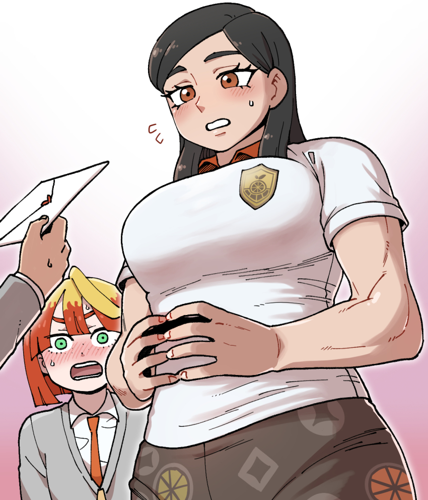 1boy 2girls ahoge black_hair blonde_hair blush breasts brown_eyes clenched_teeth collared_shirt commentary_request envelope eri_(pokemon) eyelashes flying_sweatdrops gradient_background green_eyes grey_jacket highres holding holding_envelope jacket looking_down mela_(pokemon) multiple_girls nintendo nutkingcall open_mouth own_hands_together pokemon pokemon_sv red_hair school_uniform shirt short_sleeves sweat sweatdrop teeth white_shirt