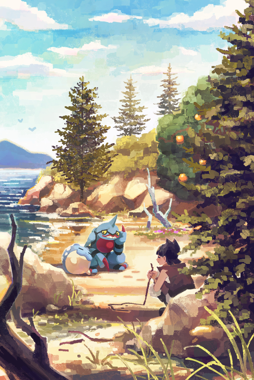 1girl arm_warmers brown_vest closed_eyes closed_mouth cloud coin_(pokemon) commentary_request day drawing gen_3_pokemon gen_4_pokemon grass highres holding holding_stick nintendo outdoors pointy_hair pokemon pokemon_(creature) pokemon_legends:_arceus shore short_hair sky spheal squatting stick stone tomafuji_(mmk_tomato) toxicroak tree vest water