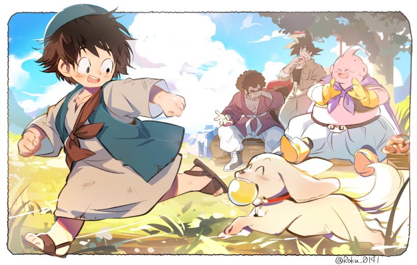 4boys afro animal animal_collar antennae ball basket bee_(dragon_ball) black_hair blue_sky boots cape cloud collar colored_skin commentary covering_own_eyes dog donut dougi dragon_ball dragonball_z fat_buu food gloves grass hat highres holding holding_food log majin_buu mr._satan multiple_boys outdoors pink_skin purple_cape roku_(roku_0141) sandals short_hair sitting sitting_on_log sky smile son_goku spiked_hair symbol-only_commentary tree twitter_username yellow_gloves