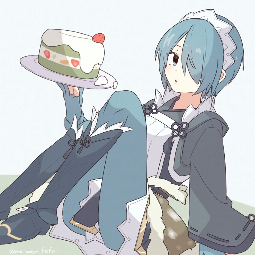 1girl birthday_cake blue_hair blue_pantyhose boots cake fire_emblem fire_emblem_fates food fruit full_body hair_over_one_eye highres holding holding_plate japanese_clothes knee_boots looking_at_viewer nintendo pantyhose plate setsuna_(fire_emblem) sitting solo sorane_amus strawberry white_headdress