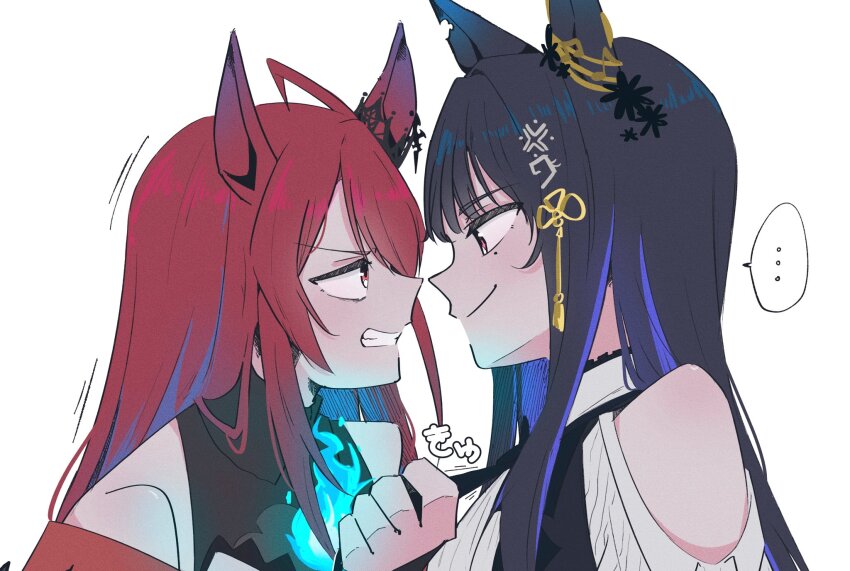... 2girls animal_ears black_hair blue_hair check_copyright closed_mouth copyright_request elizabeth_rose_bloodflame elizabeth_rose_bloodflame_(1st_costume) eye_contact highres hololive hololive_english long_hair looking_at_another meyshi mole mole_under_eye multicolored_hair multiple_girls nerissa_ravencroft nerissa_ravencroft_(1st_costume) parted_lips red_eyes red_hair spoken_ellipsis umamusume virtual_youtuber