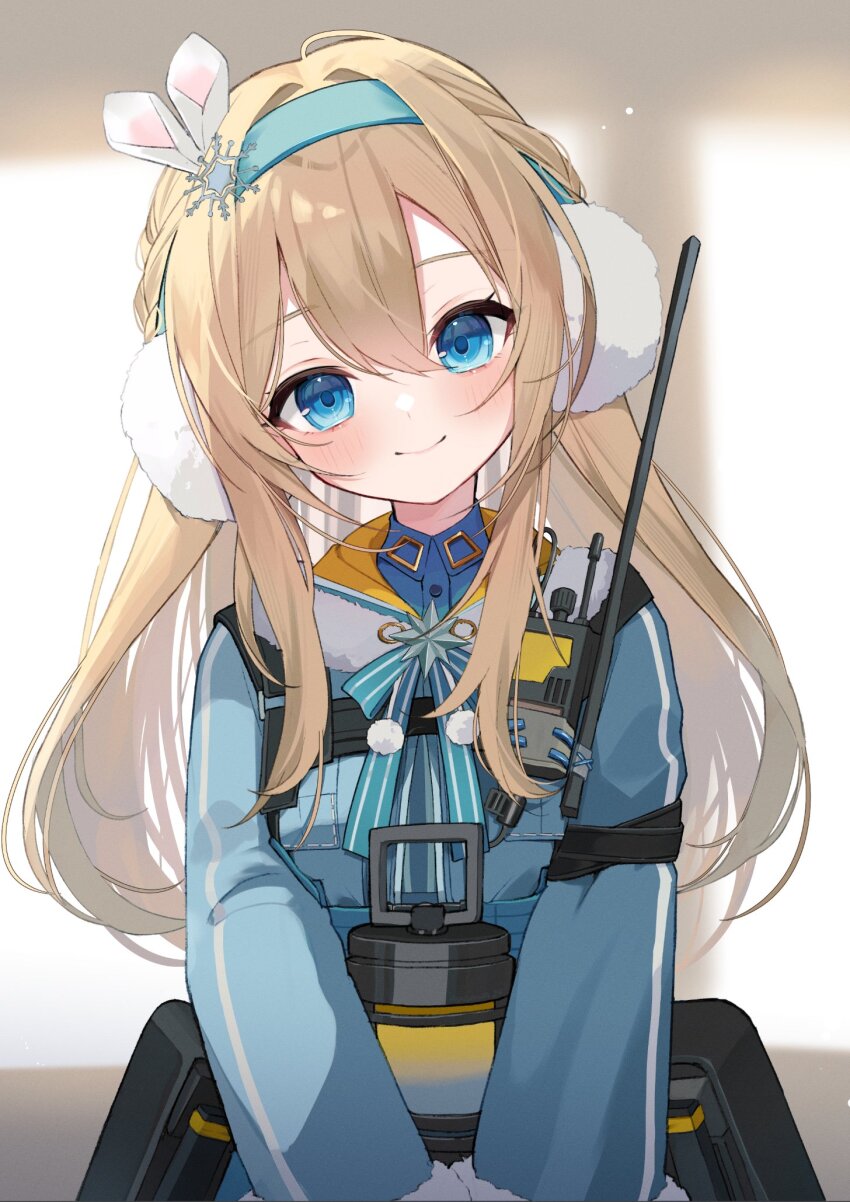 1girl :d asagawa_mikan_(peachy_michi) blonde_hair blue_eyes blue_gloves blue_hairband blue_jacket blush character_name closed_mouth commentary girls&#039;_frontline girls&#039;_frontline_2:_exilium gloves hair_between_eyes hair_ornament hairband highres jacket long_hair long_sleeves looking_at_viewer official_alternate_costume open_hand open_mouth partially_fingerless_gloves sidelocks simple_background smile snowflake_hair_ornament solo suomi_(girls&#039;_frontline) suomi_(girls&#039;_frontline_2) teeth upper_body upper_teeth_only white_background