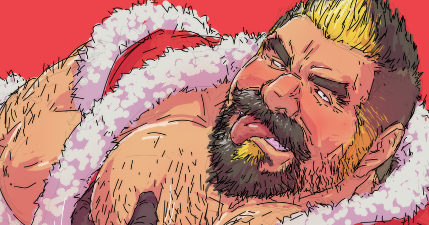 1boy bara beard chest_hair come_hither crave_saga facial_hair full_beard grabbing_own_pectoral hairy large_pectorals looking_at_viewer male_focus mature_male muscular muscular_male noche_(crave_saga) old old_man paid_reward_available pectoral_cleavage pectorals santa_costume solo thick_beard thick_eyebrows tongue tongue_out tsurime ucchinu