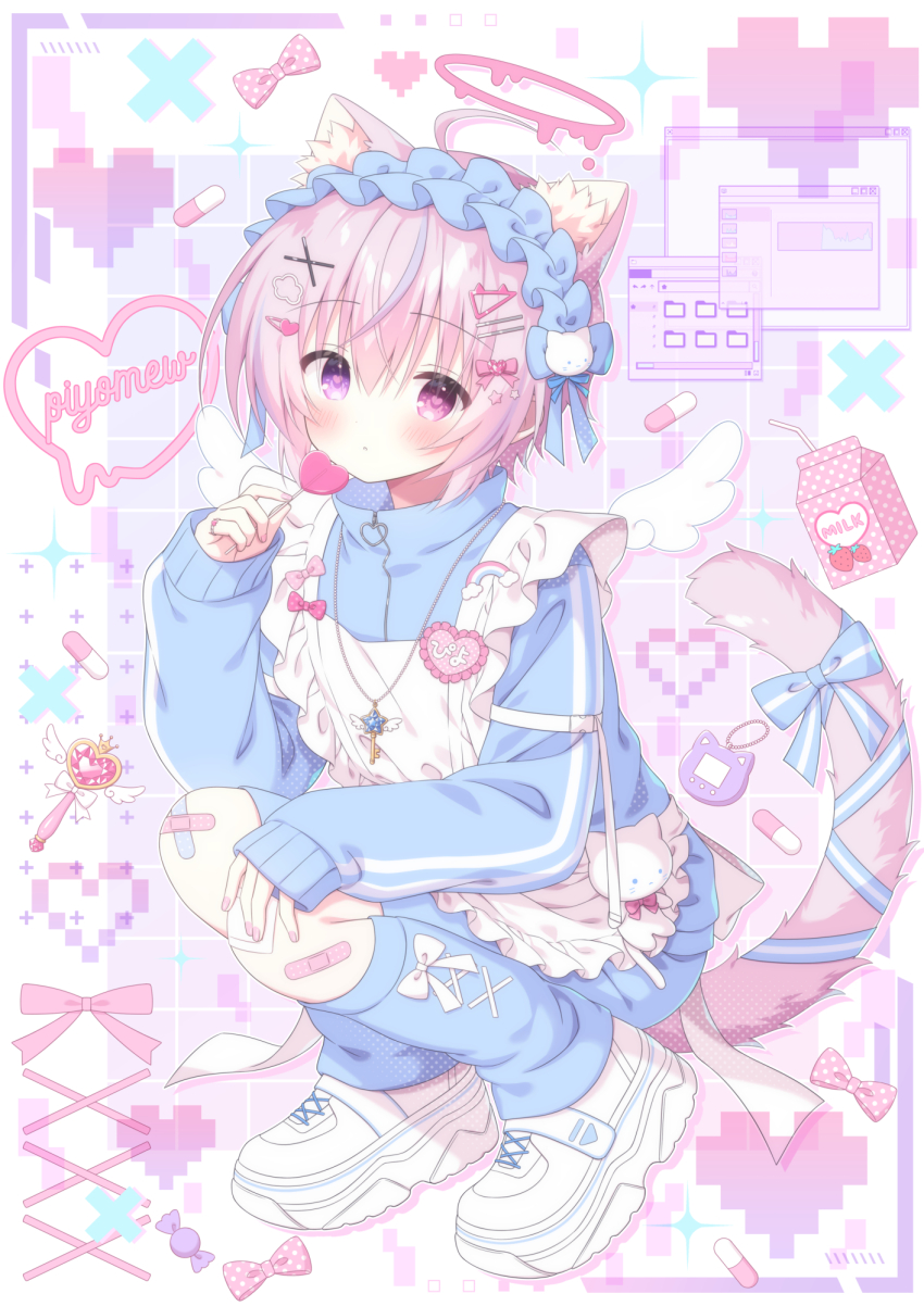 1boy ahoge animal_ear_fluff animal_ears apron bandaid bandaid_on_knee bandaid_on_leg blue_jacket blue_leg_warmers blue_ribbon blue_shorts blush candy cat_boy cat_ears cat_tail cloud_hair_ornament comiket_102 commentary_request cross-laced_clothes cross-laced_legwear crossdressing crossdressing_(mtf) crossed_bandaids food full_body hair_ornament hairclip halo heart heart-shaped_food heart-shaped_lollipop heterochromia highres holding holding_candy holding_food holding_lollipop jacket jersey_maid jewelry kamishiro_piyo leg_warmers lollipop maid maid_apron maid_headdress male_focus male_maid melting_halo necklace original pink_eyes pink_hair purple_eyes ribbon shaped_lollipop shoes short_hair shorts sneakers squatting strawberry_milk tail tail_ornament tail_ribbon track_jacket unconventional_maid virtual_pet_(toy) white_apron white_shoes x_hair_ornament