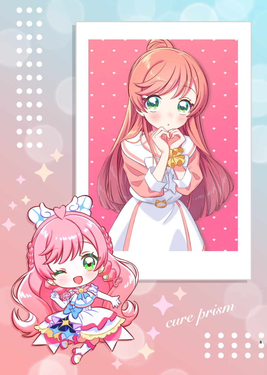 1girl absurdres ascot blue_bow boots bow bowtie braid brooch bun_(jewd5385) casual character_name collared_dress commentary_request crown_braid cure_prism dress earrings elbow_gloves gloves green_eyes hair_bow hair_bun heart heart_hands highres hirogaru_sky!_precure jewelry knee_boots layered_dress leg_up long_hair long_sleeves looking_at_viewer magical_girl medium_dress mini_person minigirl multiple_views nijigaoka_mashiro one_eye_closed open_mouth parted_lips pink_dress pink_hair precure scrunchie side_braids single_hair_bun sleeveless sleeveless_dress smile standing two-tone_dress very_long_hair white_ascot white_bow white_bowtie white_dress white_footwear white_gloves wing_brooch wrist_scrunchie yellow_scrunchie