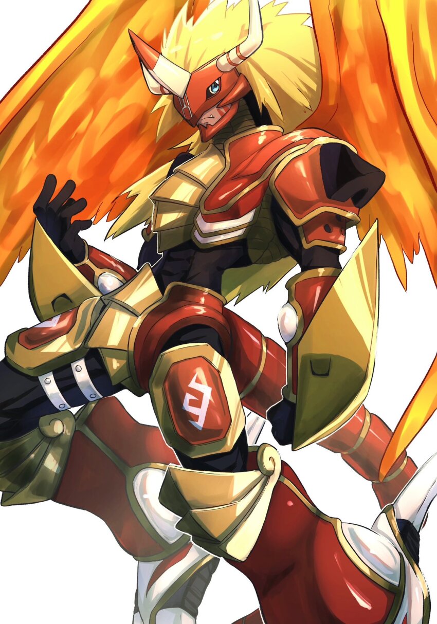 1boy aldamon armor black_bodysuit black_gloves blonde_hair bodysuit clenched_hand covered_abs digimon digimon_frontier foot_out_of_frame gloves green_eyes highres horns long_hair looking_at_viewer male_focus red_armor solo tail takeda_conomi wings