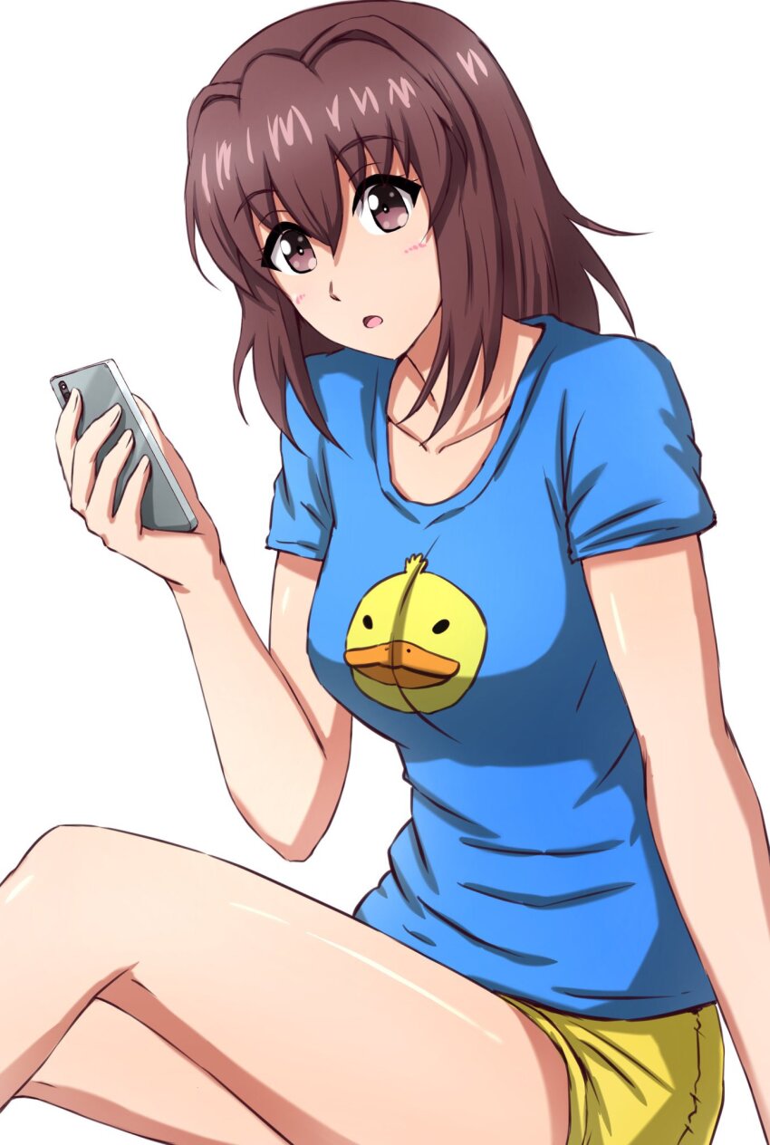 1girl :o blue_shirt brown_eyes brown_hair cellphone commentary duck_print girls_und_panzer highres holding holding_phone kondou_taeko looking_at_viewer loungewear medium_hair no_headband omachi_(slabco) open_mouth phone print_shirt shirt short_shorts short_sleeves shorts simple_background sitting smartphone solo t-shirt white_background yellow_shorts