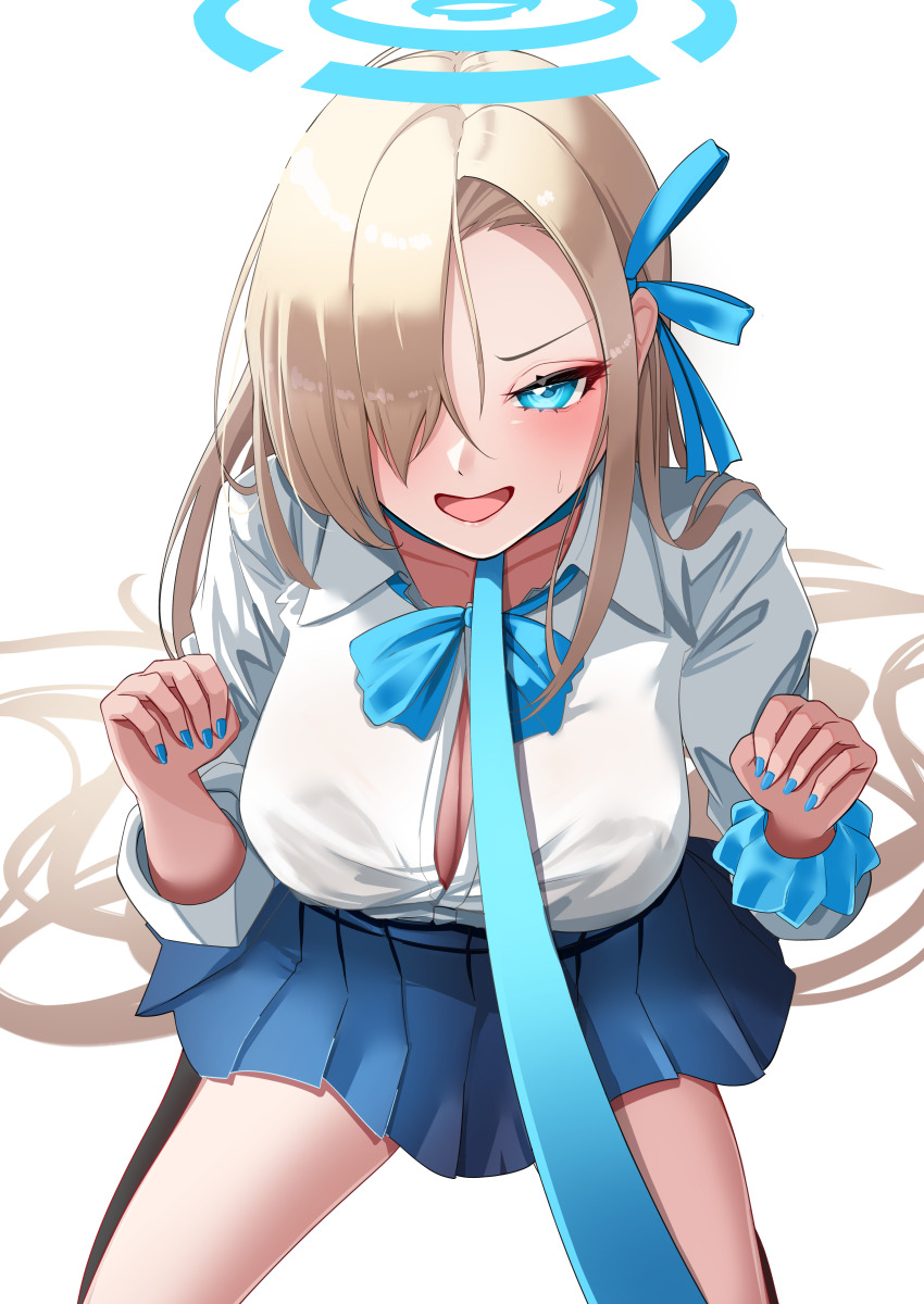 1girl absurdres asuna_(blue_archive) asuna_(school_uniform)_(blue_archive) blonde_hair blue_archive blue_eyes blue_ribbon blue_skirt blush breasts choker cleavage collared_shirt dress_shirt hair_over_one_eye hair_ribbon halo highres large_breasts long_hair looking_at_viewer nigori_(keydoor) official_alternate_costume open_mouth pleated_skirt ribbon school_uniform scrunchie shirt skirt sleeves_rolled_up smile solo very_long_hair white_shirt wrist_scrunchie