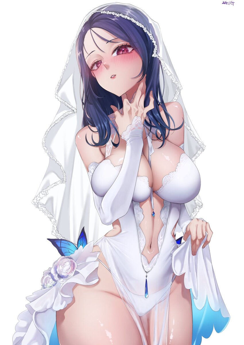 1girl bibie307 blush breasts bridal_veil bride bug butterfly cleavage corsage dress elbow_gloves flower frilled_skirt frills gloves goddess_of_victory:_nikke highres insect isabel_(honeymoon_party)_(nikke) isabel_(nikke) large_breasts long_hair looking_at_viewer navel panties red_eyes see-through_clothes skirt underwear veil wedding_dress white_background white_flower white_panties