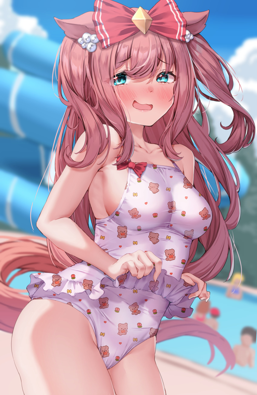 1girl agnes_digital_(umamusume) alternate_costume animal_ears armpits blue_eyes blurry blurry_background blush bow breasts collarbone hair_bow highres horse_ears horse_girl horse_tail looking_at_viewer open_mouth pool small_breasts solo swimsuit tabunshake tail umamusume