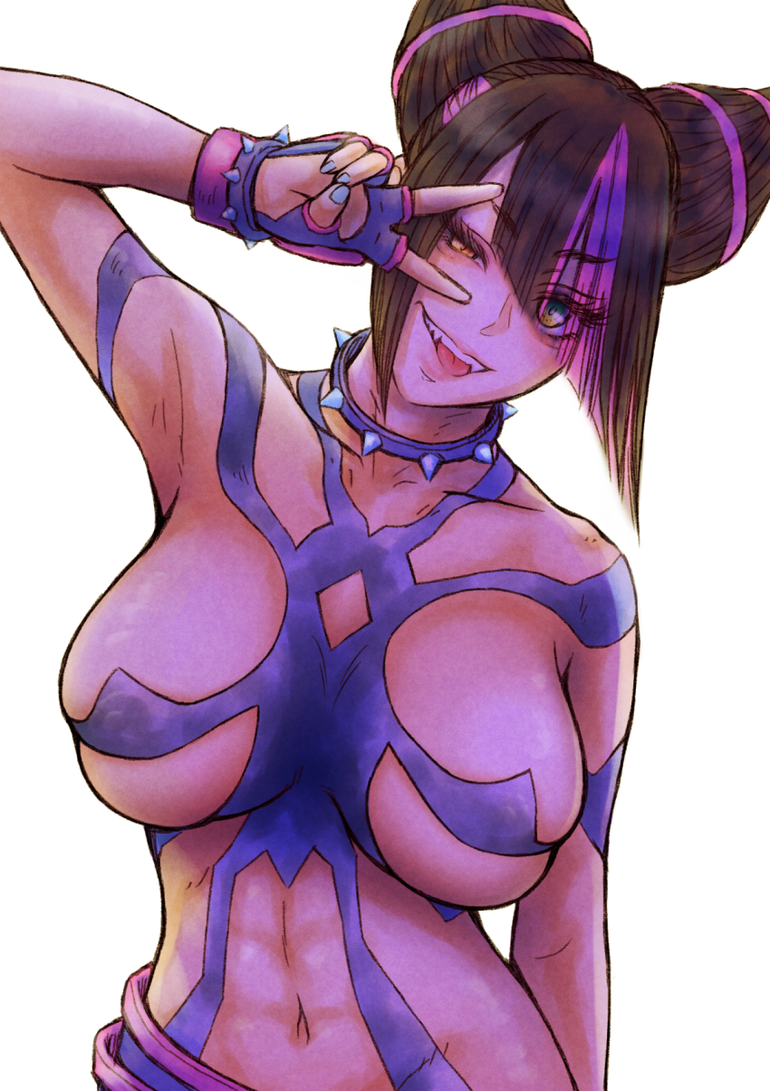 1girl abs black_hair bracelet breasts capcom collar delarocha82 fingerless_gloves gloves highres jewelry large_breasts mma_gloves multicolored_hair nail_polish purple_hair smile spiked_bracelet spiked_collar spikes street_fighter street_fighter_6 two-tone_hair