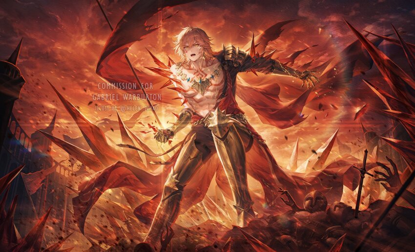 1boy abs armor armored_boots bare_pectorals black_coat black_pants blonde_hair boots braid cape chest_tattoo clawed_gauntlets coat commentary commission crystal earrings english_commentary facial_tattoo gold_earrings gold_necklace gradient_hair hair_between_eyes helen_zzhao highres honkai:_star_rail honkai_(series) jewelry liquid_gold male_focus material_growth medium_hair multicolored_hair mydei_(honkai:_star_rail) necklace open_clothes open_coat open_mouth orange_sky pants pauldrons pectorals red_cape red_hair red_tattoo second-party_source shoulder_armor side_braid single_pauldron sky solo tattoo toned toned_male twitter_username watermark yellow_eyes