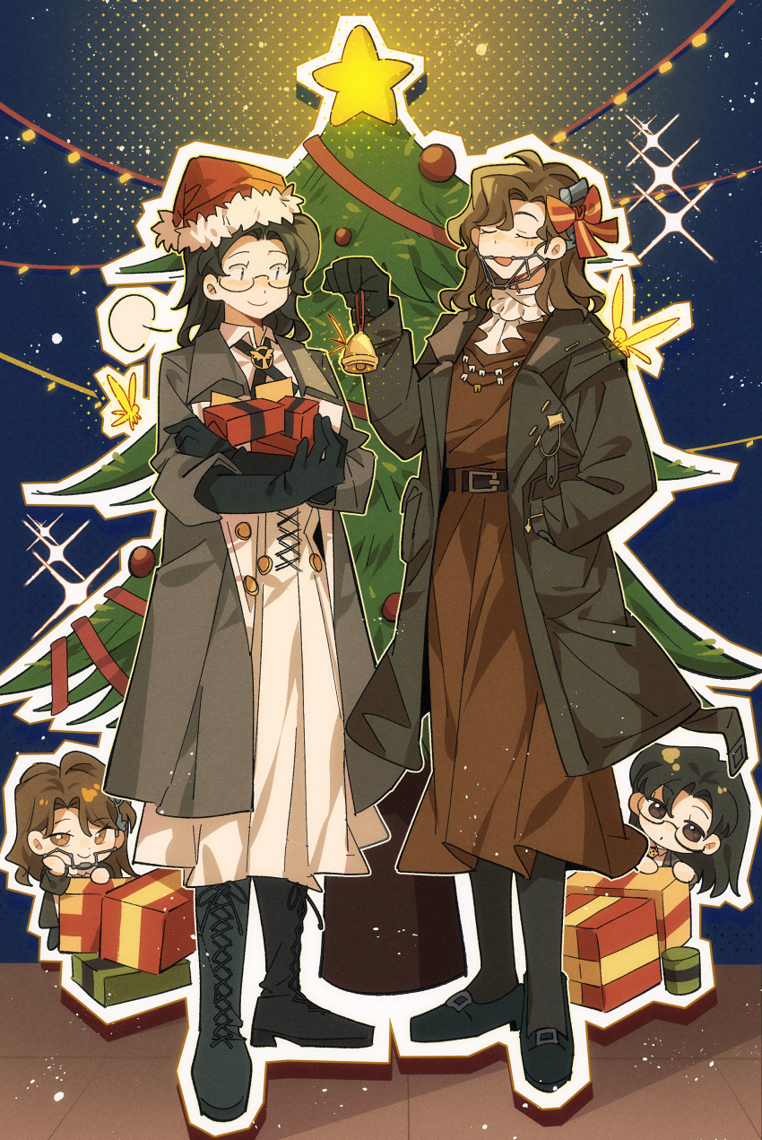 2girls absurdres artist_request bell black_coat black_footwear black_gloves black_hair black_pantyhose blue_background boots bow box braces brown_hair chibi chibi_inset christmas_lights christmas_ornaments christmas_tree closed_eyes coat collared_dress commission cross_tie dress full_body gift gift_box glasses gloves grey_coat hair_bow hand_in_pocket hat highres holding holding_bell holding_gift lace-up_boots long_dress long_hair looking_at_another multiple_girls open_mouth pantyhose red_bow red_dress red_hat reverse:1999 santa_hat second-party_source shirt smile sparkle standing star_(symbol) tooth_fairy_(reverse:1999) white_dress white_shirt z_(reverse:1999) |_|