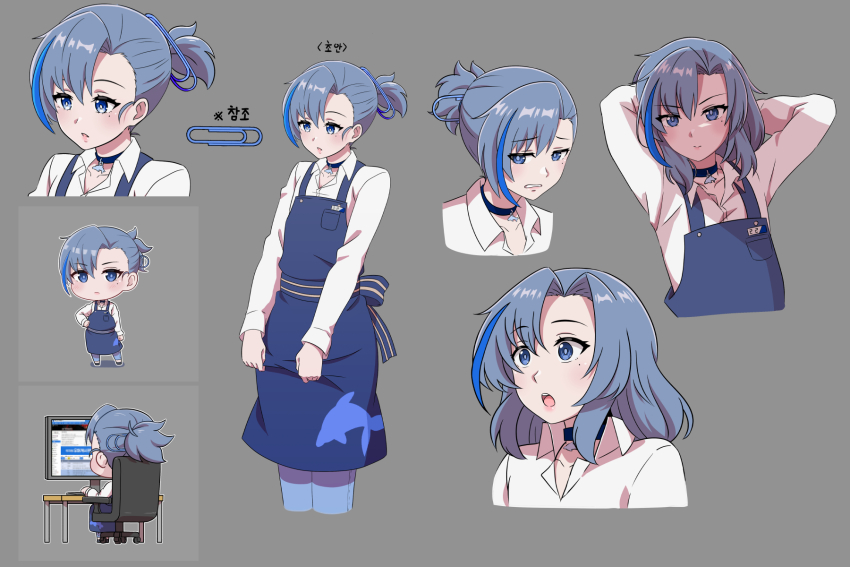 1boy black_choker blue_eyes blue_hair chair choker dolphin_pendant dolphin_print highres indie_virtual_youtuber long_sleeves looking_at_viewer majinmallow medium_hair mole mole_under_eye multicolored_hair on_chair ponytail shirt streaked_hair trap virtual_youtuber white_shirt