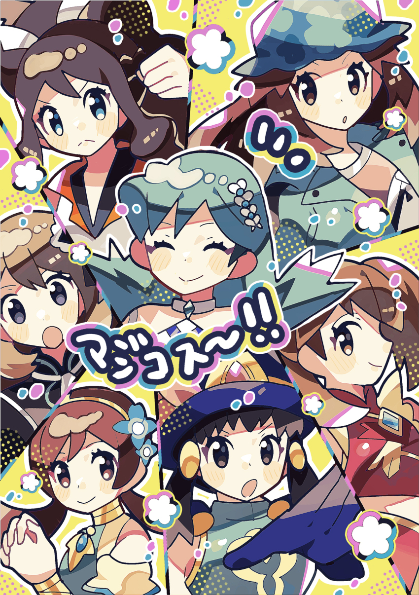 6+girls :o anidler91 black_eyes black_hair blue_eyes blue_hair brown_eyes brown_hair clenched_hand commentary_request cropped_shirt dawn_(pokemon) dawn_(sygna_suit)_(pokemon) eyelashes gloves hair_ornament hairband hairclip hat highres hilda_(pokemon) hilda_(sygna_suit)_(pokemon) jacket kris_(pokemon) kris_(sygna_suit)_(pokemon) leaf_(pokemon) leaf_(sygna_suit)_(pokemon) long_hair looking_at_viewer lyra_(pokemon) lyra_(sygna_suit)_(pokemon) may_(pokemon) may_(sygna_suit)_(pokemon) midriff multiple_girls nintendo official_alternate_costume official_alternate_hairstyle open_clothes open_jacket own_hands_together pokemon pokemon_masters_ex ponytail rosa_(champion)_(pokemon) rosa_(pokemon) shirt smile translation_request twintails