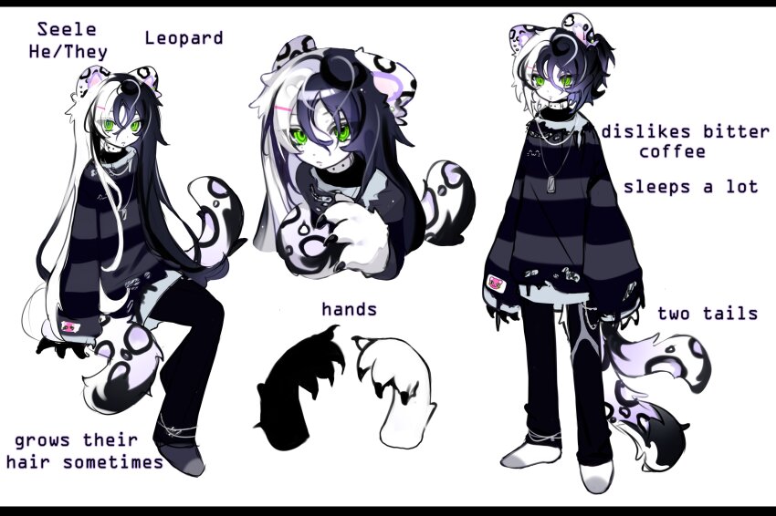 1boy absurdres animal_ears animal_hands black_hair black_pants black_shirt closed_mouth cloud_(lufaeris) commentary english_commentary furry furry_male green_eyes hair_between_eyes highres leopard_ears leopard_tail long_hair looking_at_viewer male_focus multicolored_hair multiple_tails multiple_views original pants shirt simple_background split-color_hair striped_clothes striped_shirt tail two-tone_hair two_tails white_background white_hair