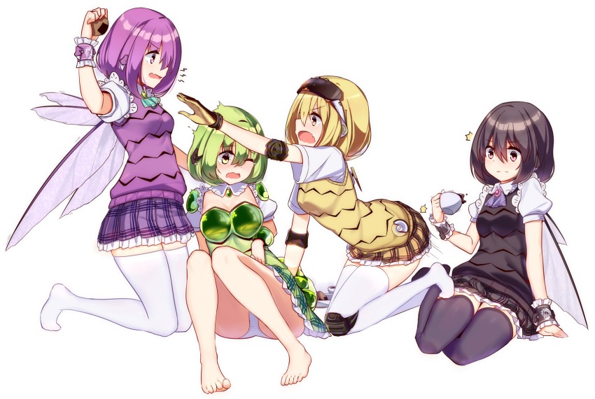 4girls angry antennae arm_support arthropod_girl baneling_(ddt_(darktrident) barefoot black_legwear black_skirt black_vest blush coffee command_&amp;_conquer cookie cup ddt_(darktrident) detached_collar elbow_pads fang food frilled_sleeves frills full_body gem global_defense_initiative gloves green_hair green_shirt green_skirt hair_between_eyes highres holding holding_cup insect_wings knee_pads kneeling looking_at_another miniskirt multiple_girls nose_blush open_mouth original panties pantyshot personification pink_eyes pitbull_(ddt_(darktrident)) plaid_clothes plaid_skirt pleated_skirt puffy_short_sleeves puffy_sleeves purple_eyes purple_hair purple_skirt purple_vest roach_(ddt_(darktrident)) shirt short_hair short_sleeves sitting skirt spikes starcraft thighhighs underwear vest wavy_mouth white_legwear wince wings wristband yellow_eyes yellow_gloves yellow_skirt yellow_vest yokozuwari zergling_(ddt_(darktrident)) zettai_ryouiki