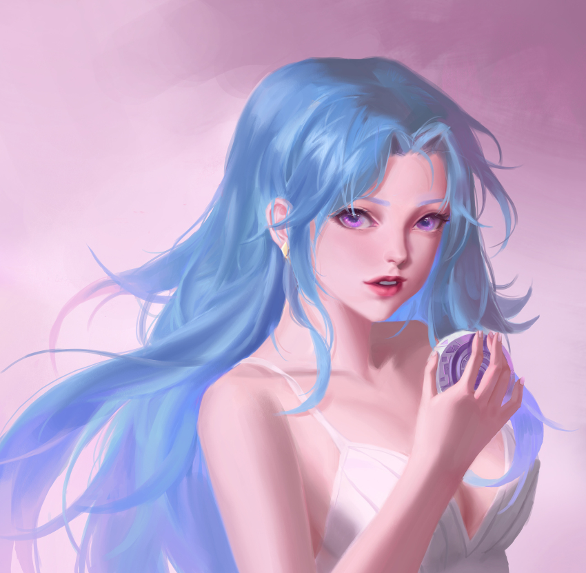 1girl absurdres alternate_costume bare_shoulders blue_hair chinese_commentary commentary_request den_den_mushi highres holding lips lipstick long_hair looking_at_viewer makeup nefertari_vivi one_piece open_mouth red_lips solo teeth zylconan
